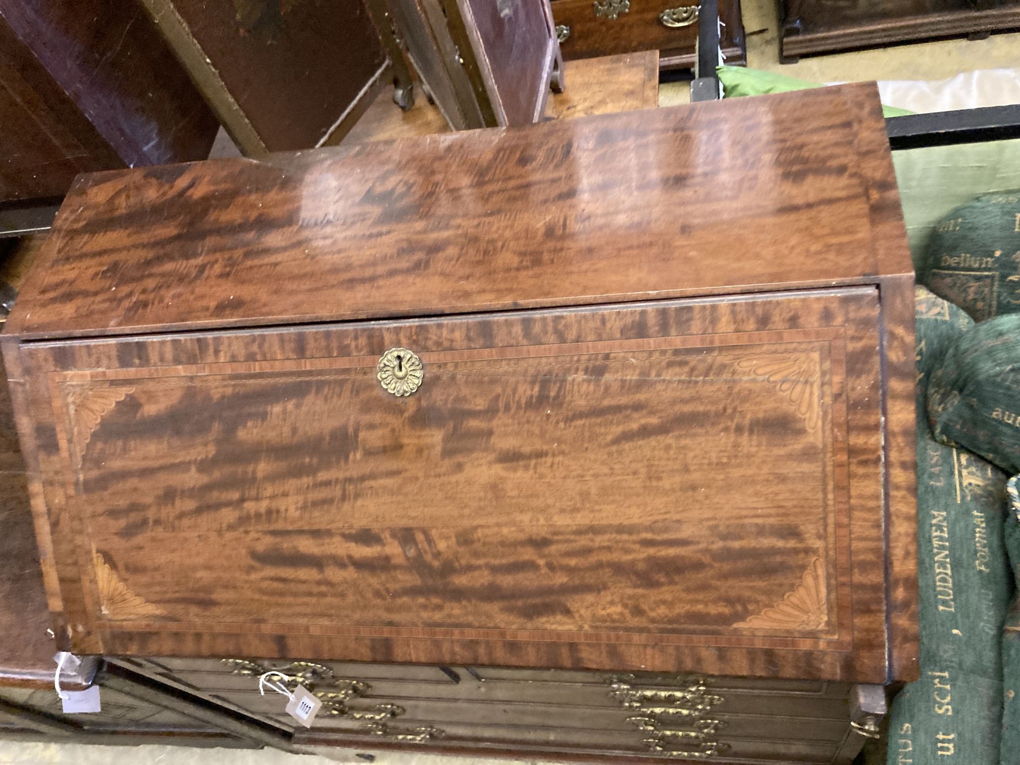 A George III satinwood inlaid mahogany bureau, width 92cm, depth 51cm, height 108cm